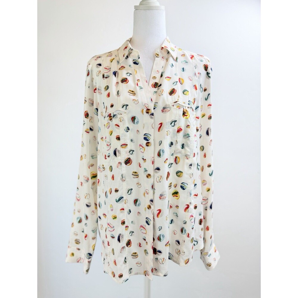 Conversations By Anthropologie Blouse Womens 4 Ivory Marble Print Button Front